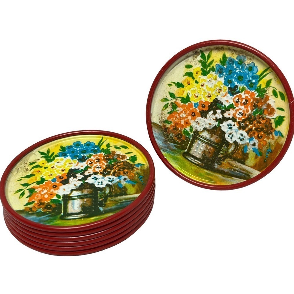 Vintage 50’s Coasters Red Floral Aluminum Tin Can Painted‎